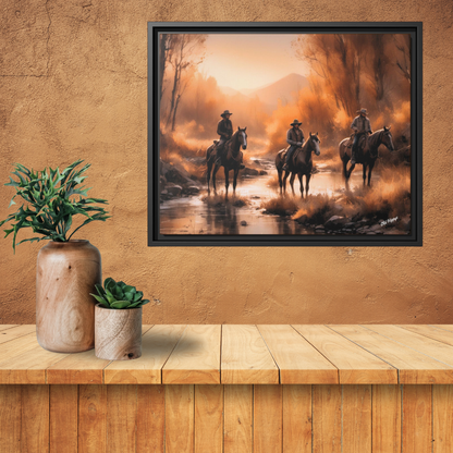 Cowboys Crossing A Stream Wood Framed Canvas Wrap