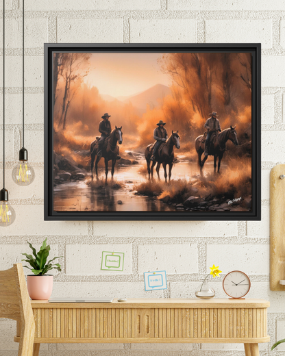 Cowboys Crossing A Stream Wood Framed Canvas Wrap