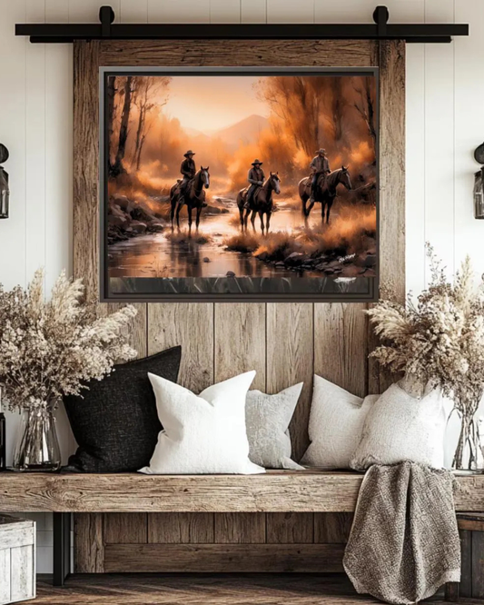 Cowboys Crossing A Stream Wood Framed Canvas Wrap