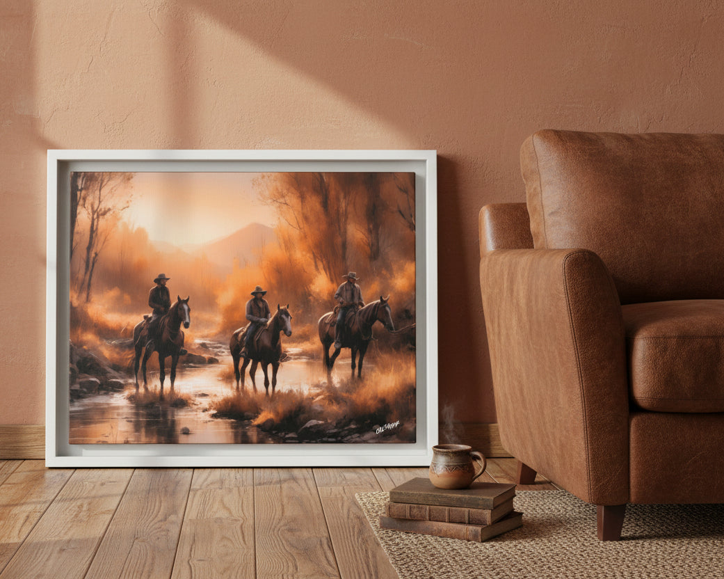 Cowboys Crossing A Stream Wood Framed Canvas Wrap