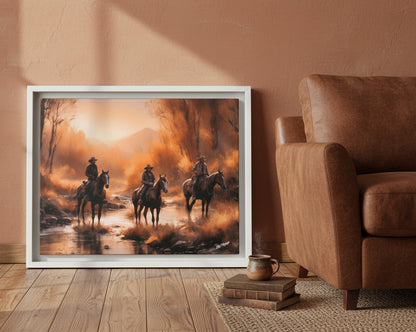 Cowboys Crossing A Stream Wood Framed Canvas Wrap