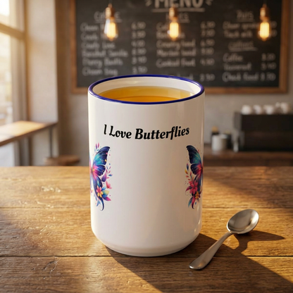I Love Butterflies Accent Rim Mug — Floral Butterfly Coffee Cup (11oz/15oz)