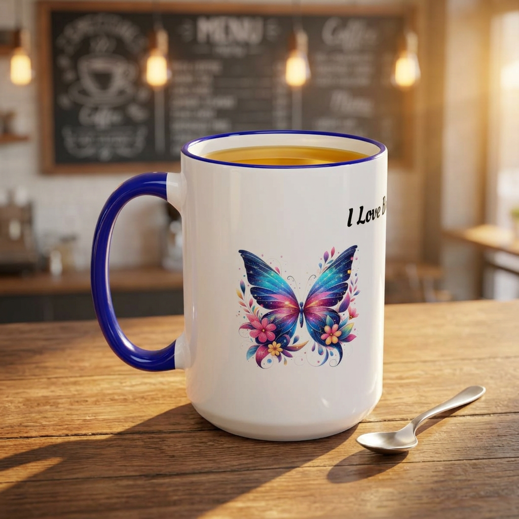 I Love Butterflies Accent Rim Mug — Floral Butterfly Coffee Cup (11oz/15oz)