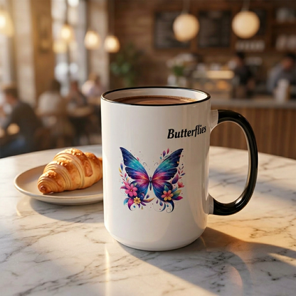 I Love Butterflies Accent Rim Mug — Floral Butterfly Coffee Cup (11oz/15oz)