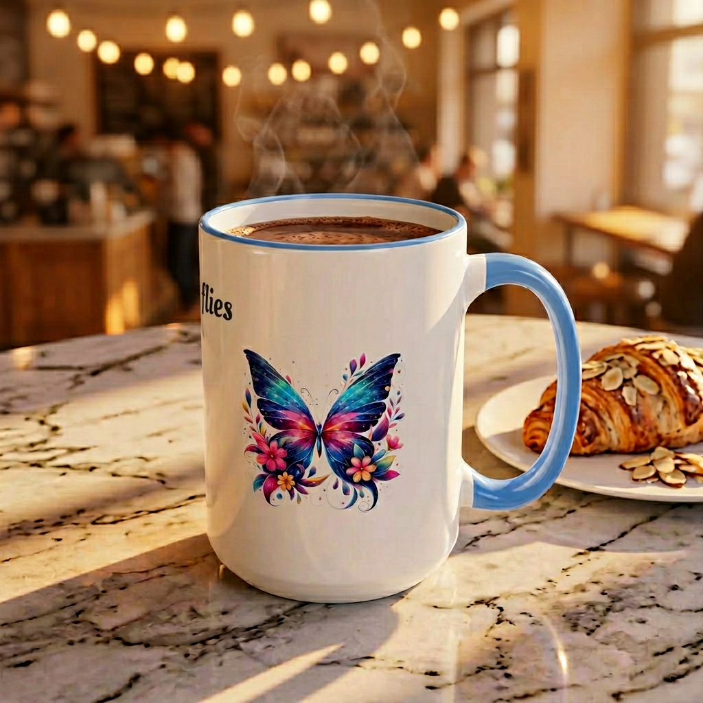 I Love Butterflies Accent Rim Mug — Floral Butterfly Coffee Cup (11oz/15oz)