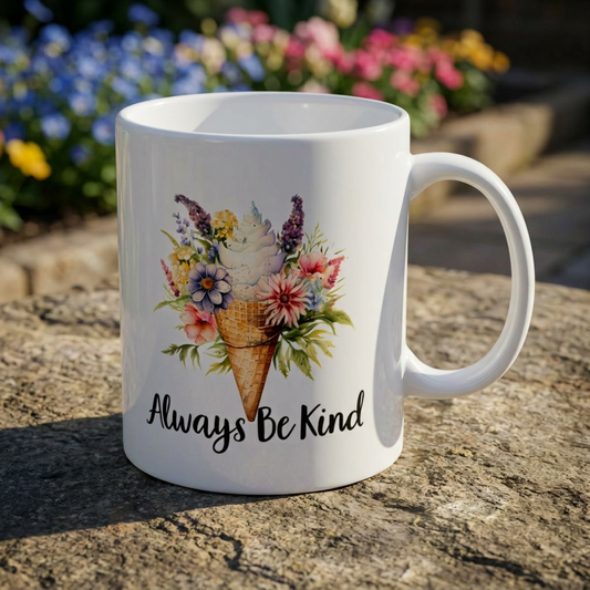 Always Be Kind Floral Ceramic Mug — Inspirational Coffee Cup (11oz, 15oz)