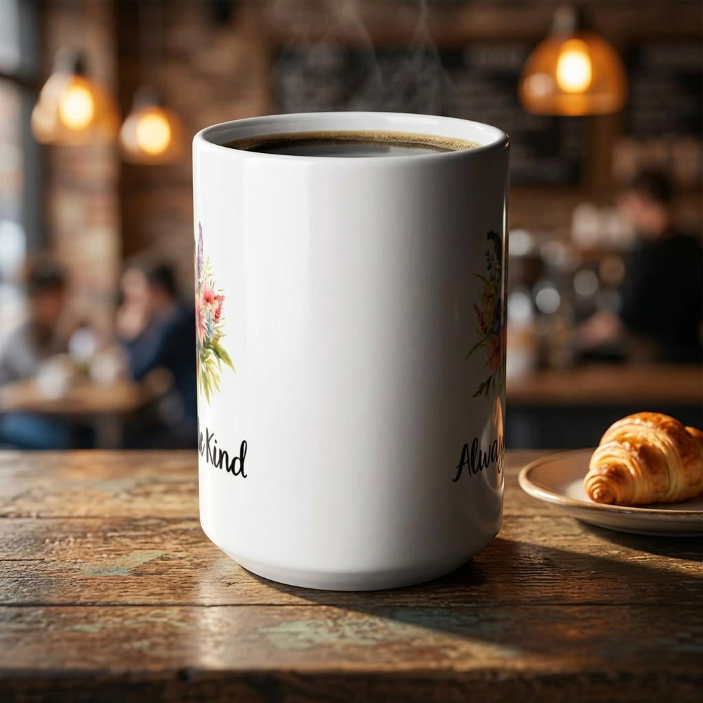 Always Be Kind Floral Ceramic Mug — Inspirational Coffee Cup (11oz, 15oz)