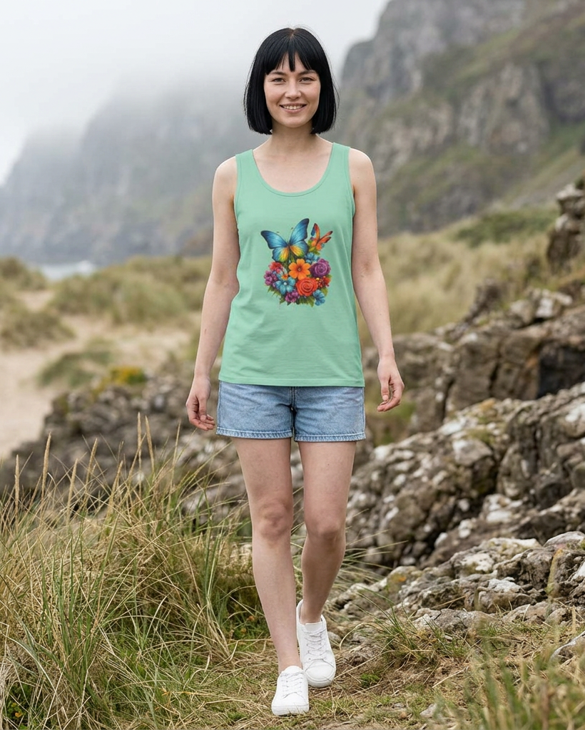 Butterfly Floral Tank Top — Colorful Garden Print Summer Tee