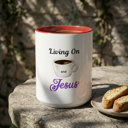 Living On Coffee and Jesus Accent Mug — Christian Coffee Cup (11/15oz)