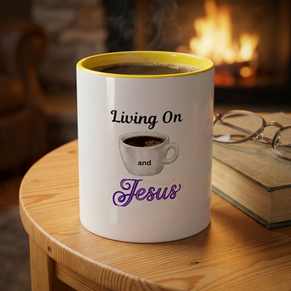 Living On Coffee and Jesus Accent Mug — Christian Coffee Cup (11/15oz)