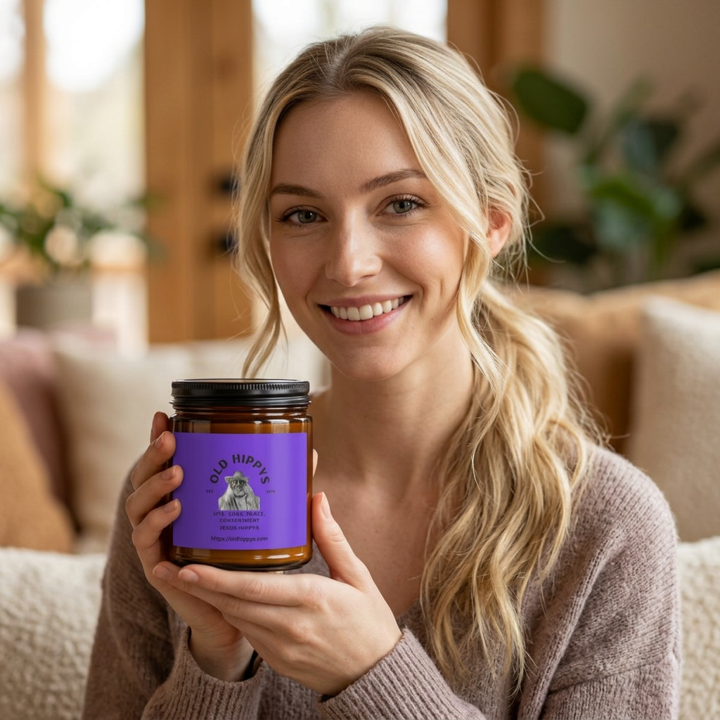 Scented Soy Candle — 'Old Hippys' Amber Jar (Multi-Size)