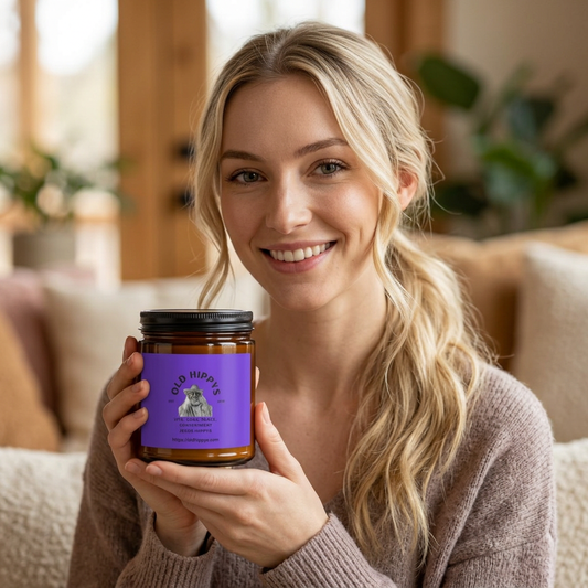 Scented Soy Candle — 'Old Hippys' Amber Jar (Multi-Size)