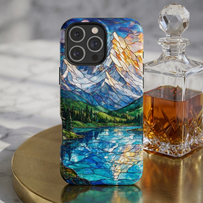Stained Glass Mountain Lake Mosaic Phone Case — Impact-Resistant Artistic Protection