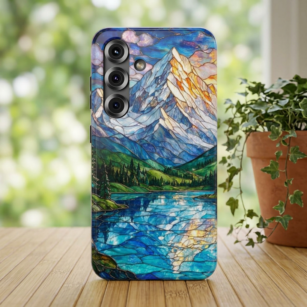 Stained Glass Mountain Lake Mosaic Phone Case — Impact-Resistant Artistic Protection