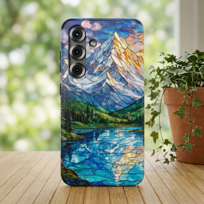 Stained Glass Mountain Lake Mosaic Phone Case — Impact-Resistant Artistic Protection