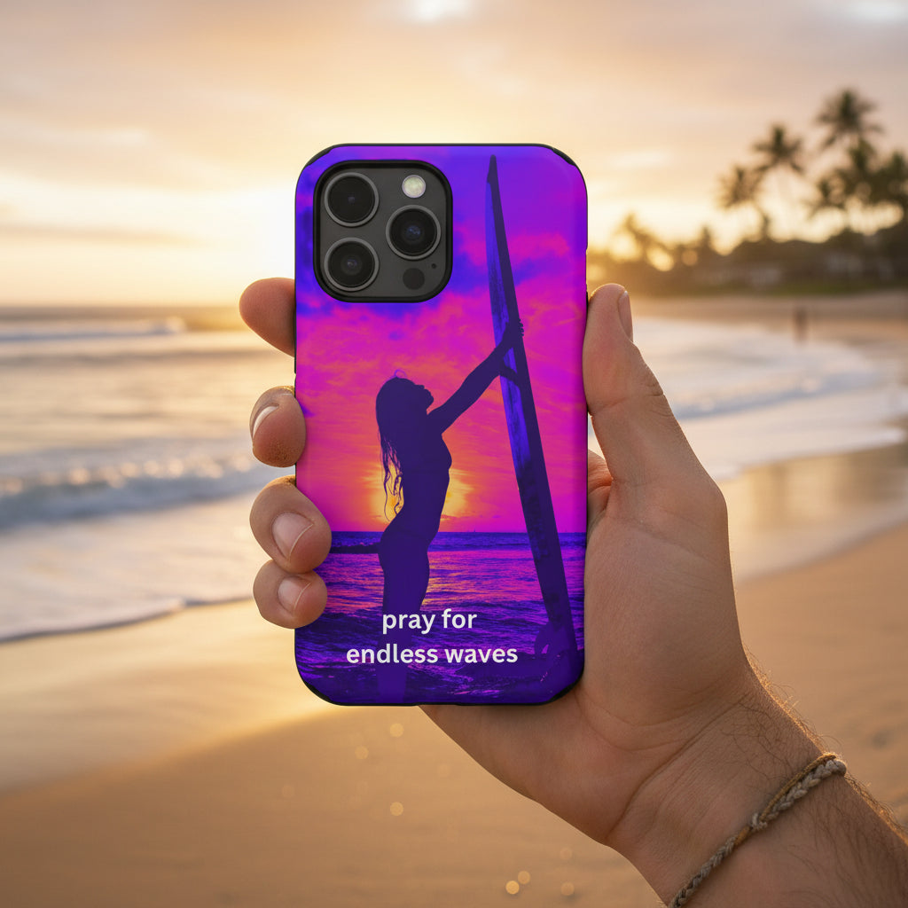 Surf Silhouette Phone Case — "Pray for Endless Waves" Impact-Resistant