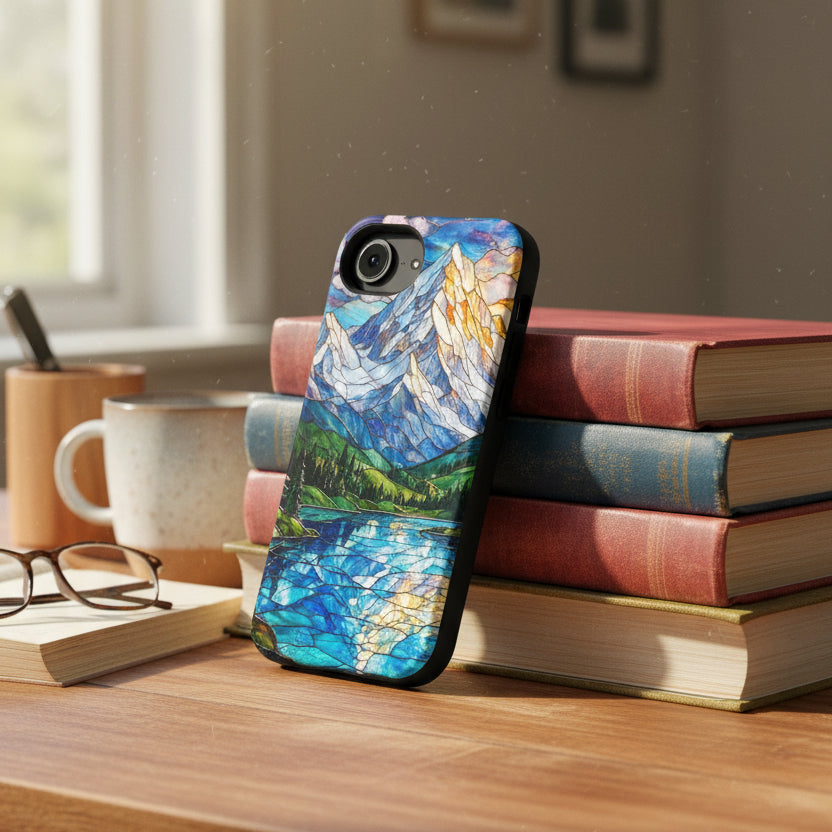 Stained Glass Mountain Lake Mosaic Phone Case — Impact-Resistant Artistic Protection