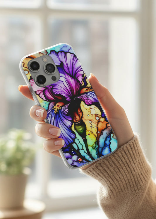 Stained Glass Iris Smartphone Case — Vibrant Purple Watercolor Phone Cover