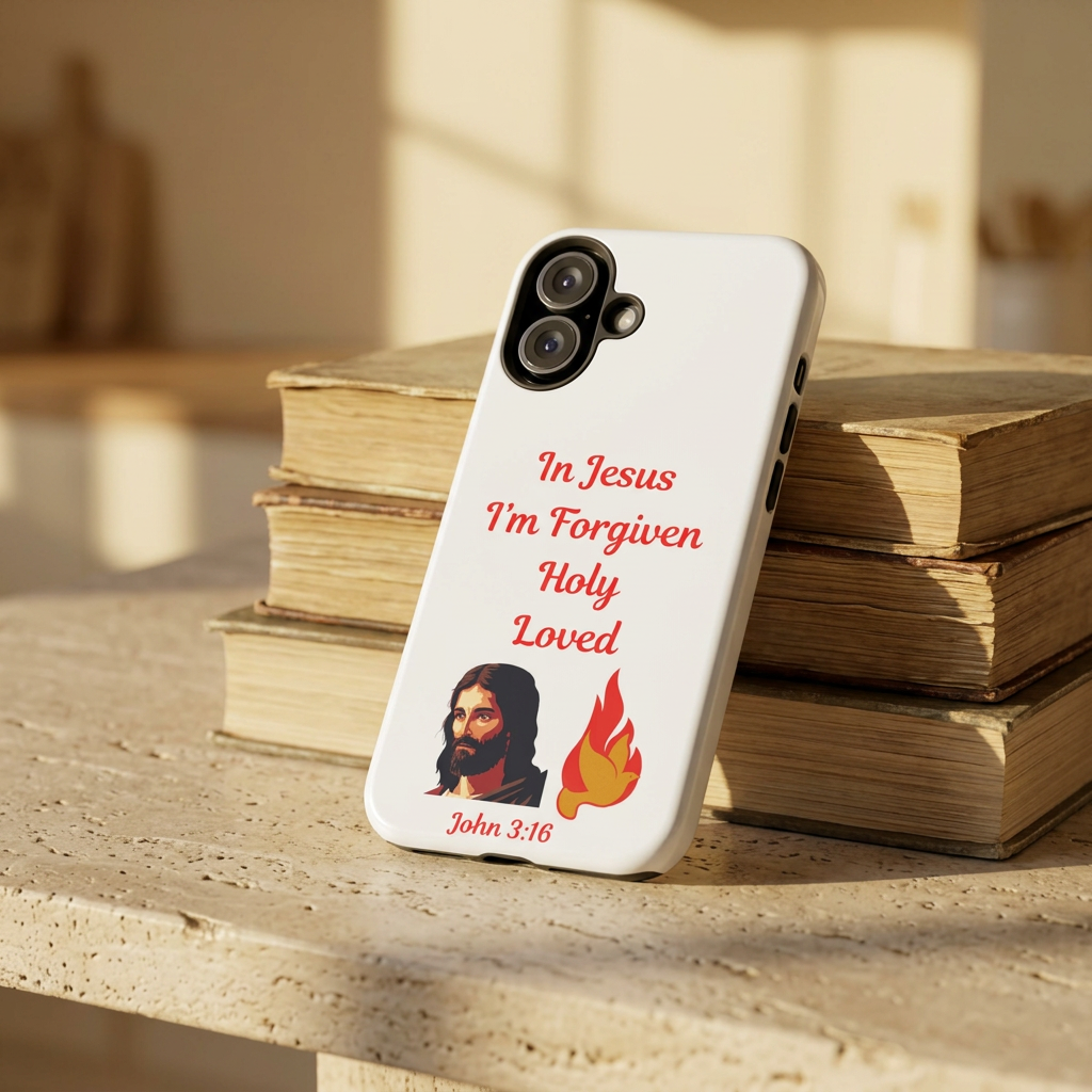 Religious Phone Case — "In Jesus I’m Forgiven, Holy, Loved" (John 3:16)