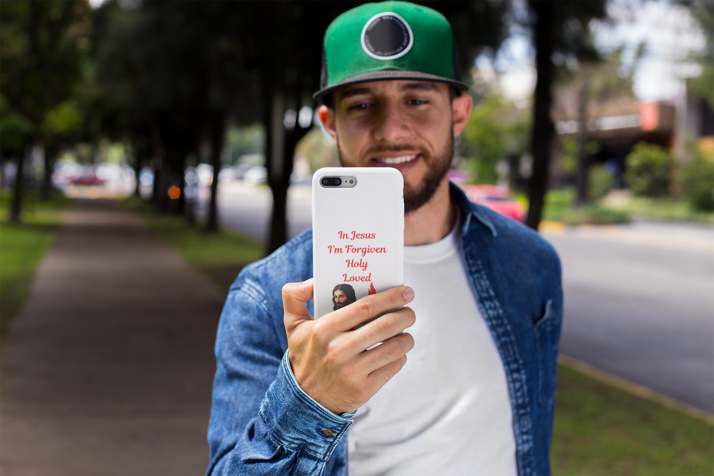 Religious Phone Case — "In Jesus I’m Forgiven, Holy, Loved" (John 3:16)