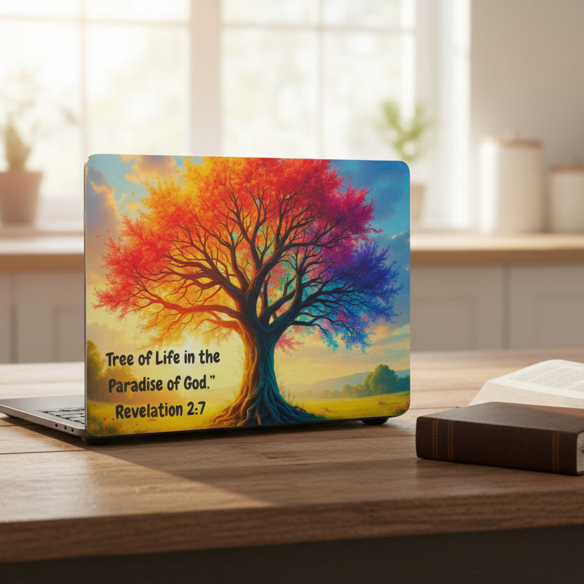 Tree of Life MacBook Case — Colorful Christian Laptop Cover with Revelation 2:7 Quote