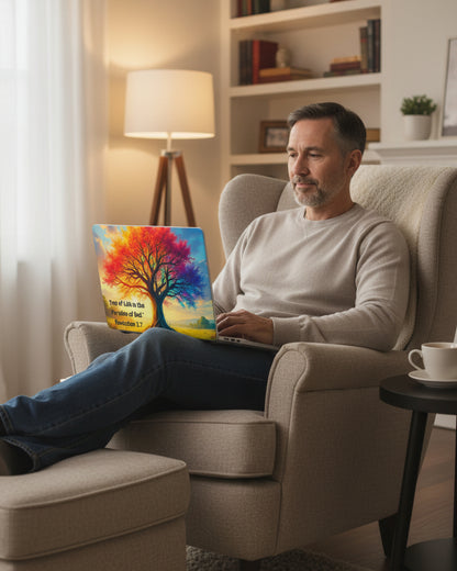 Tree of Life MacBook Case — Colorful Christian Laptop Cover with Revelation 2:7 Quote