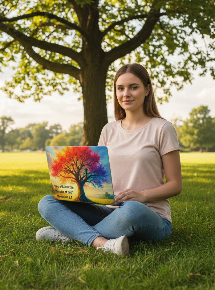 Tree of Life MacBook Case — Colorful Christian Laptop Cover with Revelation 2:7 Quote