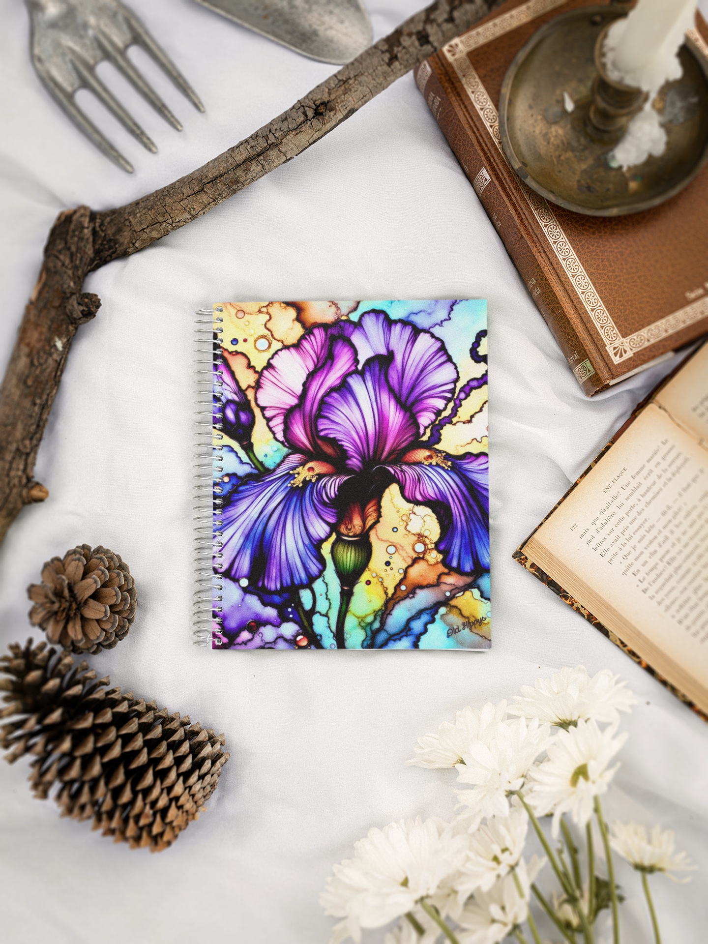 Stained Glass Iris Bloom Spiral Notebook — Colorful Floral Ruled Journal