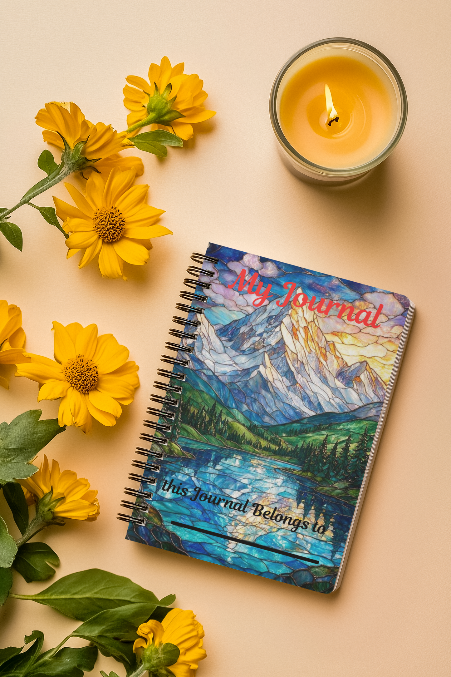 Stained Glass Mountain Lake Journal — Spiral Ruled Notebook ("My Journal" Cover)