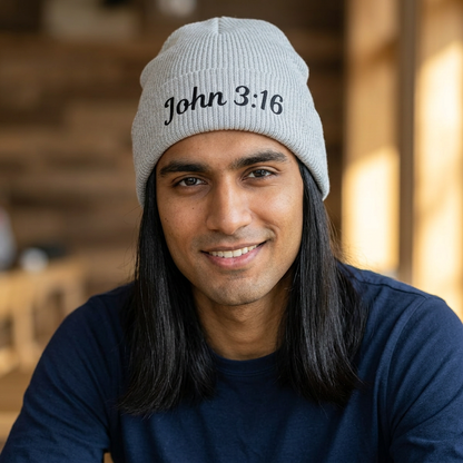 John 3:16 Cuff Beanie — Christian Scripture Embroidered Knit Hat