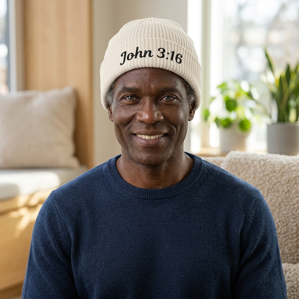John 3:16 Cuff Beanie — Christian Scripture Embroidered Knit Hat