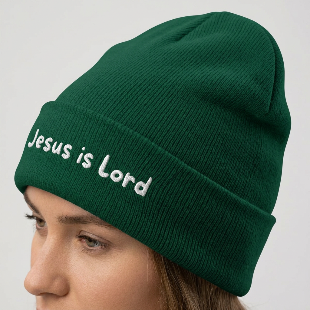 Embroidered 'Jesus is Lord' Cuffed Beanie — Christian Faith Knit Hat