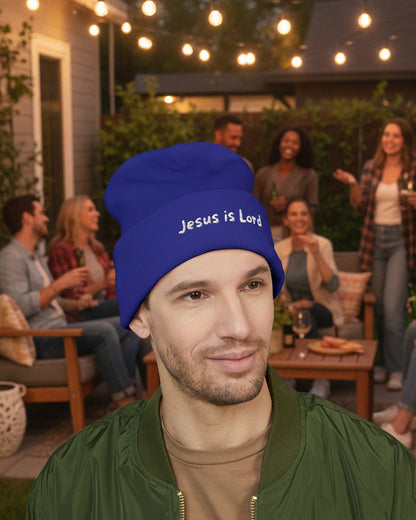 Embroidered 'Jesus is Lord' Cuffed Beanie — Christian Faith Knit Hat