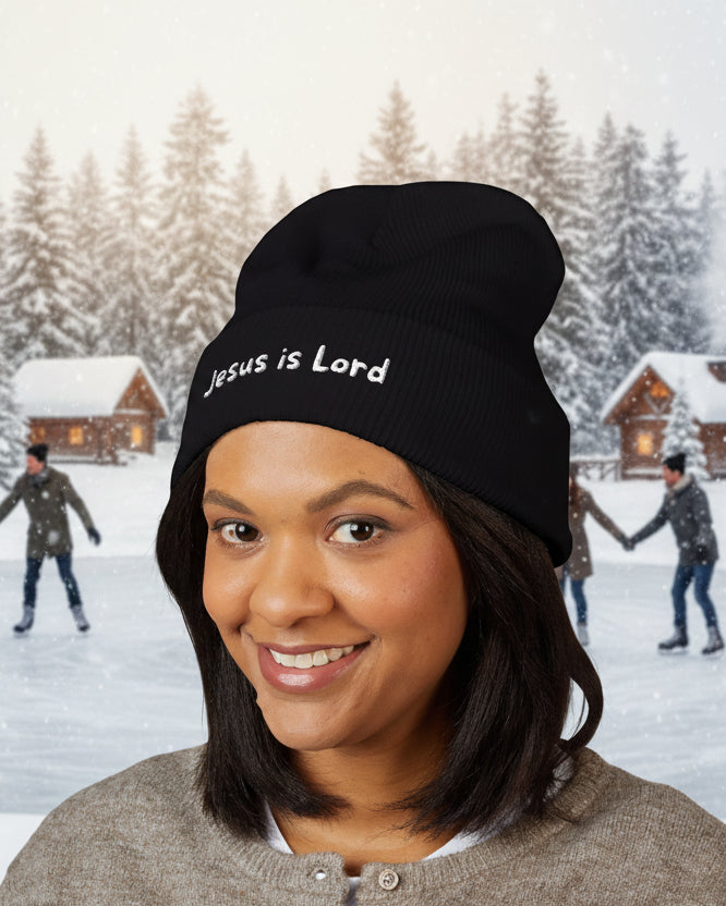 Embroidered 'Jesus is Lord' Cuffed Beanie — Christian Faith Knit Hat