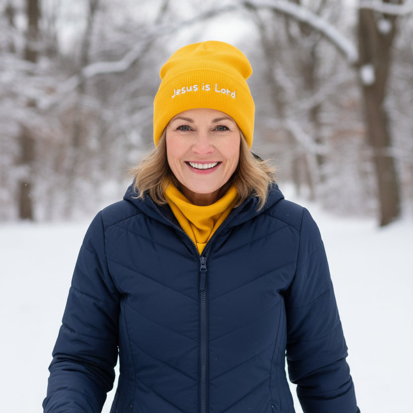 Embroidered 'Jesus is Lord' Cuffed Beanie — Christian Faith Knit Hat