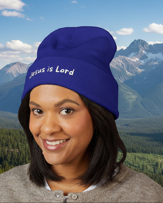 Embroidered 'Jesus is Lord' Cuffed Beanie — Christian Faith Knit Hat