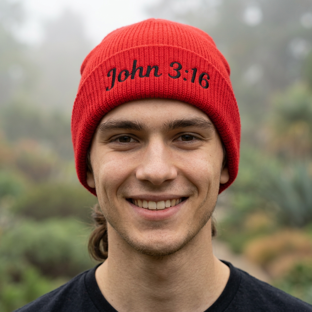 John 3:16 Cuff Beanie — Christian Scripture Embroidered Knit Hat