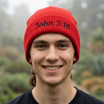 John 3:16 Cuff Beanie — Christian Scripture Embroidered Knit Hat