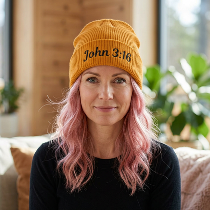 John 3:16 Cuff Beanie — Christian Scripture Embroidered Knit Hat
