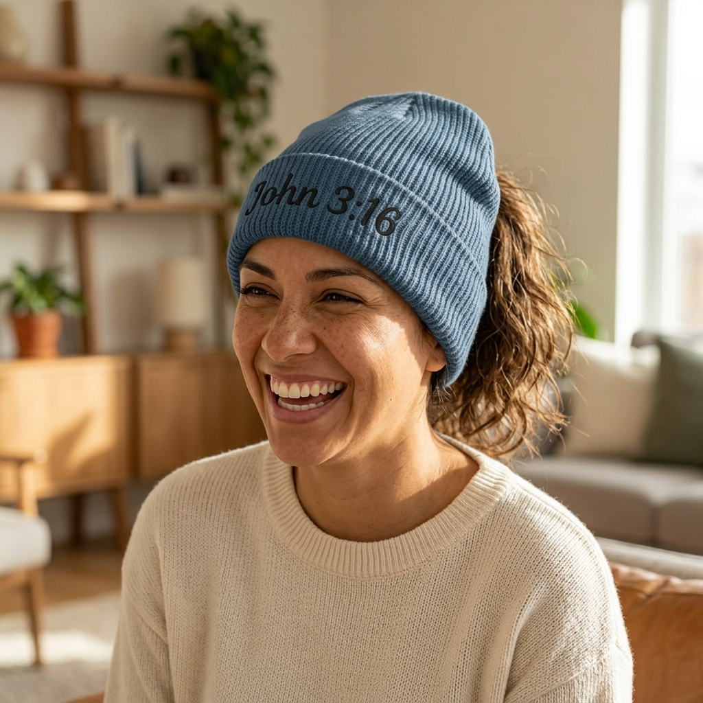 John 3:16 Cuff Beanie — Christian Scripture Embroidered Knit Hat