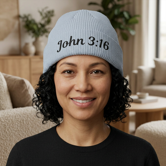 John 3:16 Cuff Beanie — Christian Scripture Embroidered Knit Hat