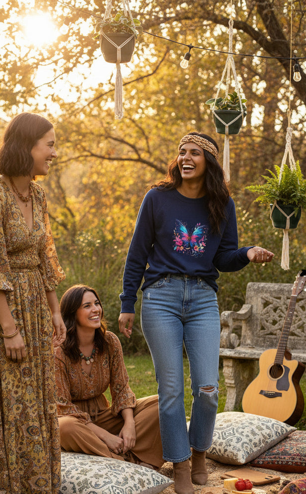 Butterfly Floral French Raglan Crewneck Sweatshirt – Colorful Wings Graphic
