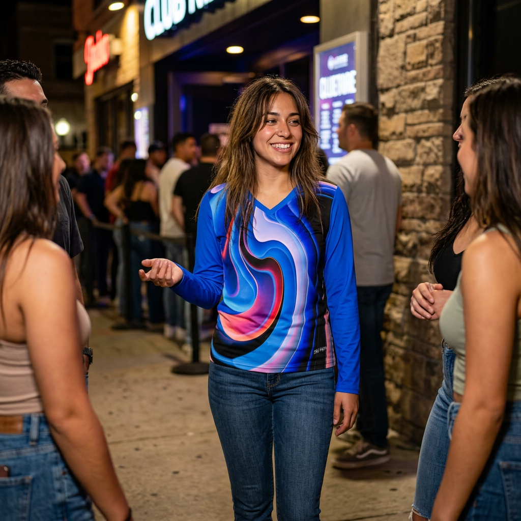 Abstract Swirl V‑Neck Long Sleeve — Blue Pink Artistic Women's Top