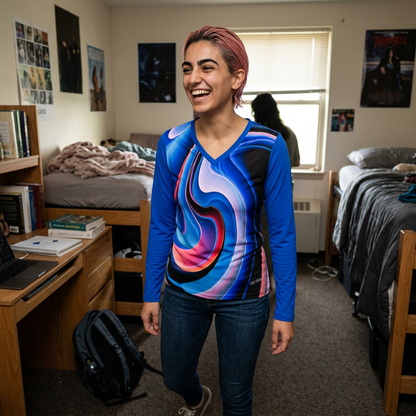 Abstract Swirl V‑Neck Long Sleeve — Blue Pink Artistic Women's Top