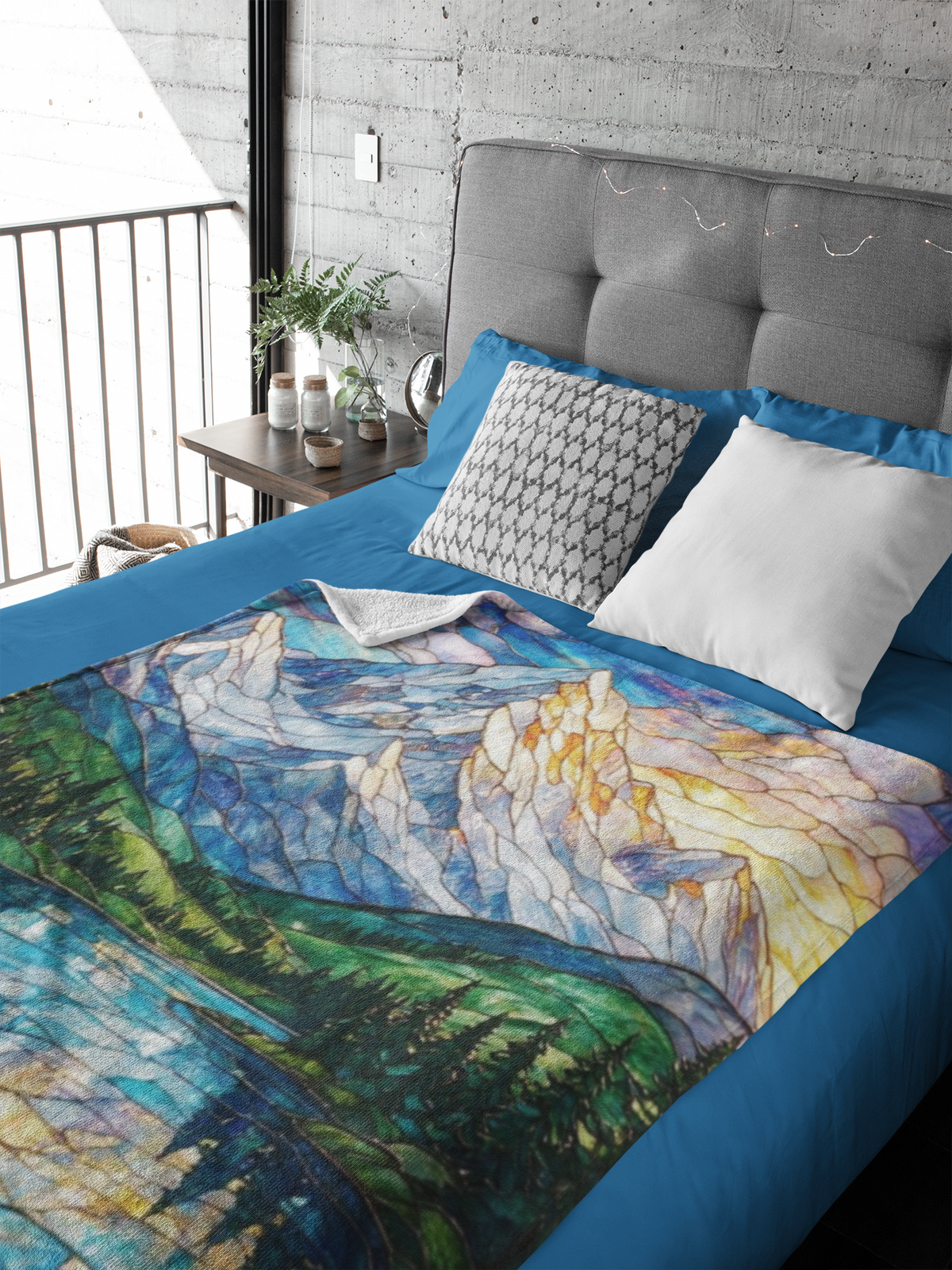 Mountain Lake Sherpa Blanket — Stained Glass Nature Fleece Throw
