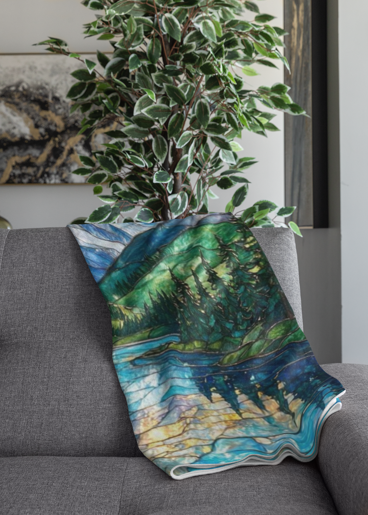 Mountain Lake Sherpa Blanket — Stained Glass Nature Fleece Throw
