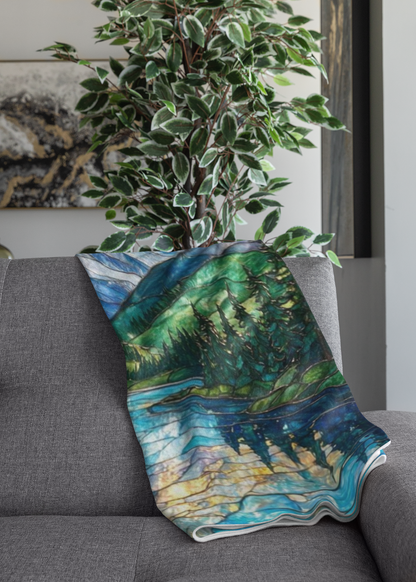 Mountain Lake Sherpa Blanket — Stained Glass Nature Fleece Throw