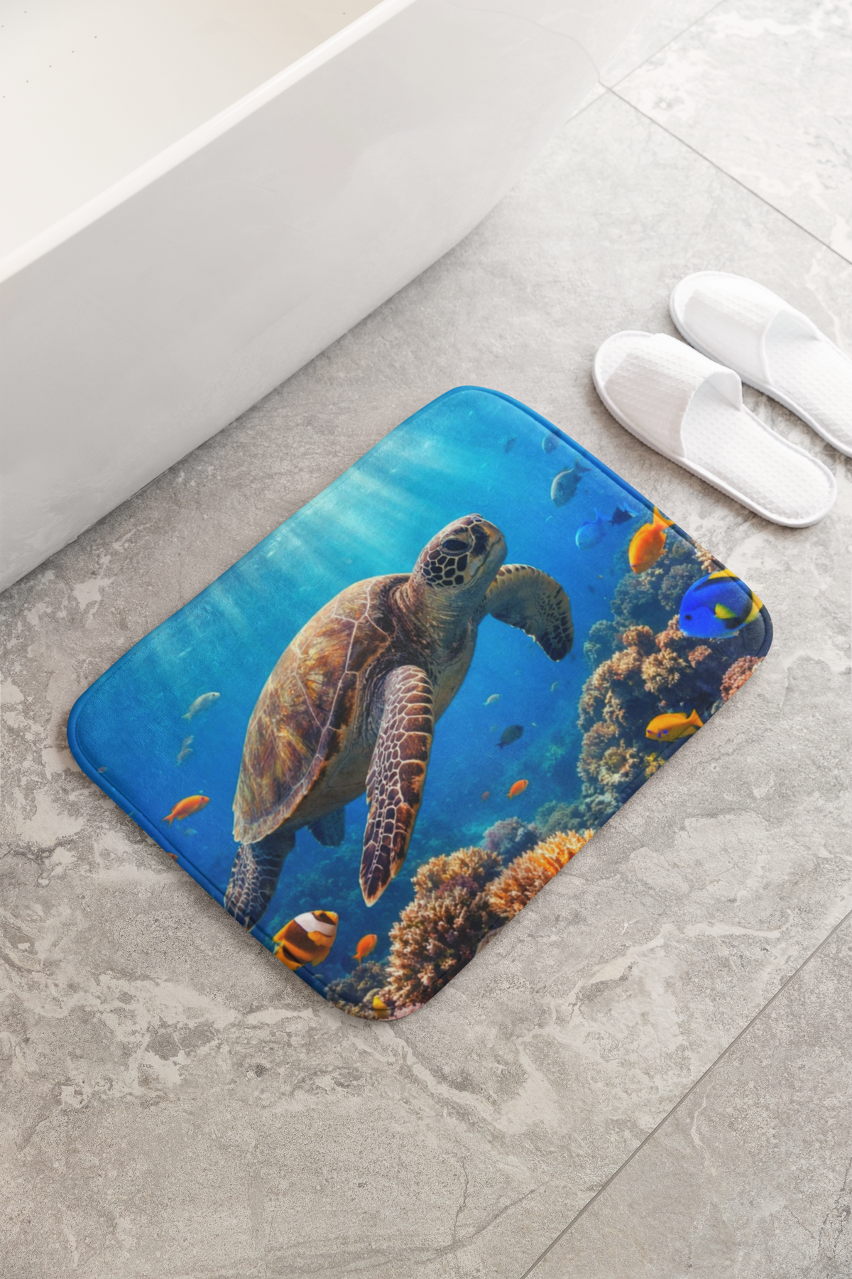 Sea Turtle Ocean Bath Mat — Underwater Coral Reef Bathroom Rug