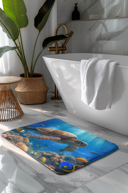 Sea Turtle Ocean Bath Mat — Underwater Coral Reef Bathroom Rug