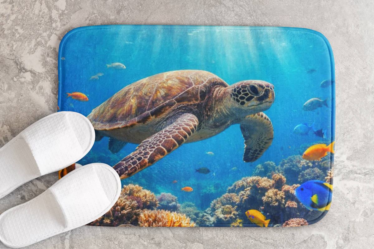 Sea Turtle Ocean Bath Mat — Underwater Coral Reef Bathroom Rug